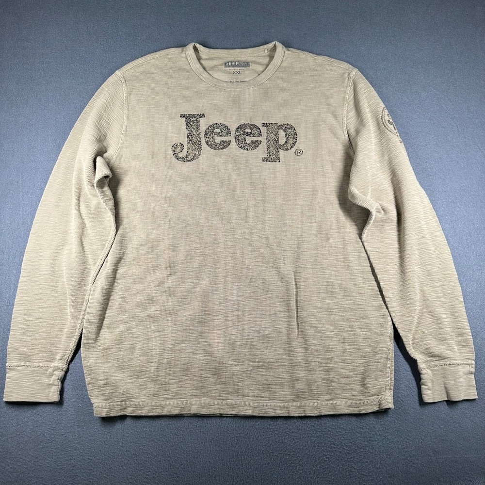 Jeep Lucky Brand Thermal Shirt Mens XXL Beige Logo Spellout Waffle Knit T-shirt